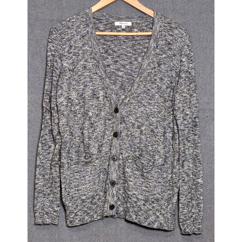 Madewell Gray Marl Cotton V-Neck Cardigan Sweater Button Front Pockets E9199